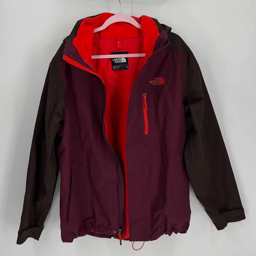 The North Face Mens Hooded Rain Jacket Maroon‎ Brown Colorblock Large L Full Zip